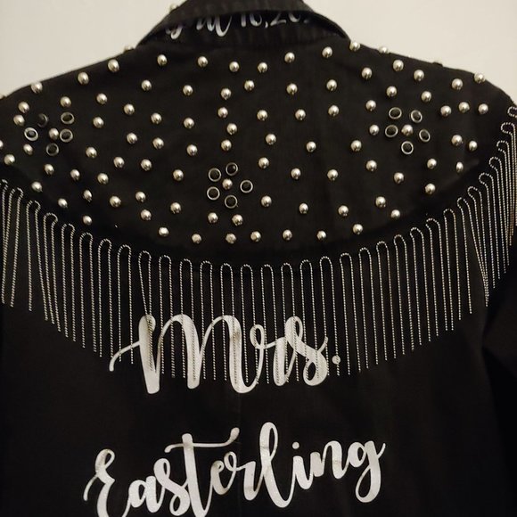 Denim Jacket Fully Studded Chain Fringe Mrs Easterling Black pockets Button down - Picture 12 of 16